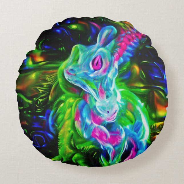 Psychedelic Rabbit Dragon in Neon Fantasy Round Pillow (Front)