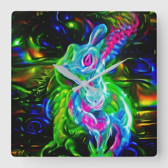 Psychedelic Rabbit Dragon in Neon Fantasy Square Wall Clock (Front)