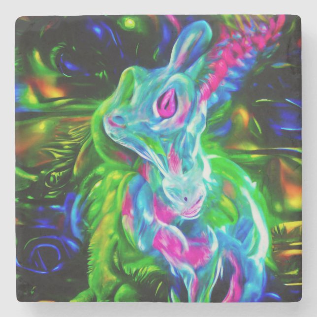 Psychedelic Rabbit Dragon in Neon Fantasy Stone Coaster (Front)