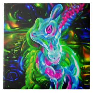 Psychedelic Rabbit Dragon in Neon Fantasy Tile