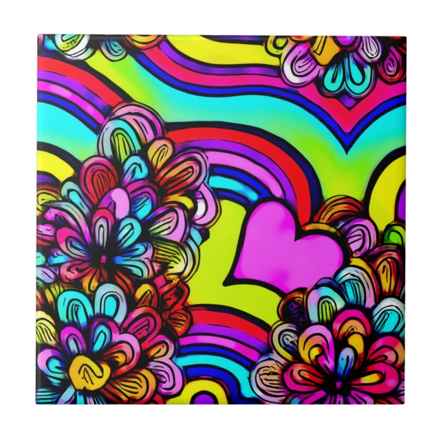 Psychedelic Rainbow Cartoon Flower Purple Heart Tile (Front)