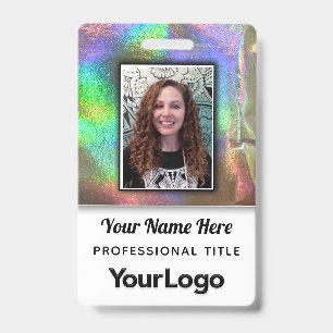 Psychedelic Rainbow Faux Holographic Photo Name  Badge