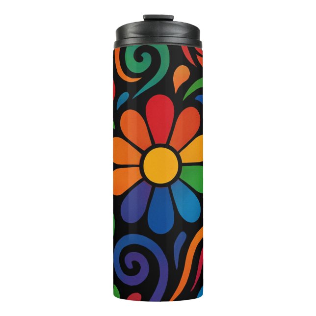 Psychedelic Rainbow Floral Pattern Thermal Tumbler (Front)