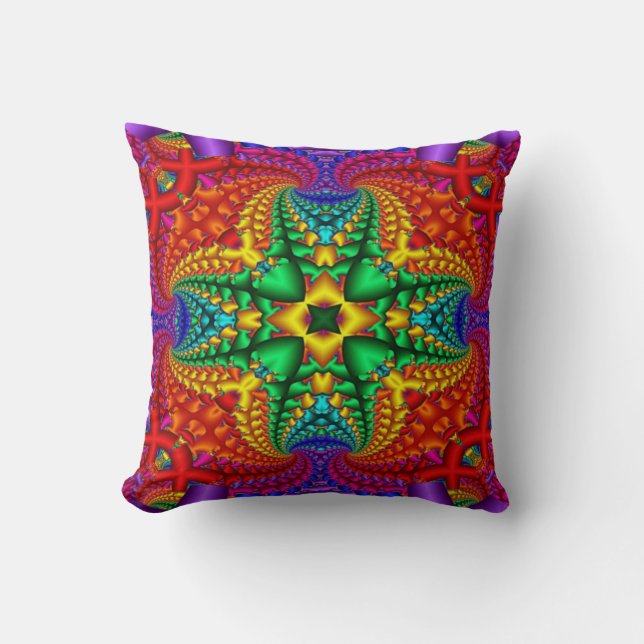 Psychedelic Rainbow Fractal Throw Pillow (Front)