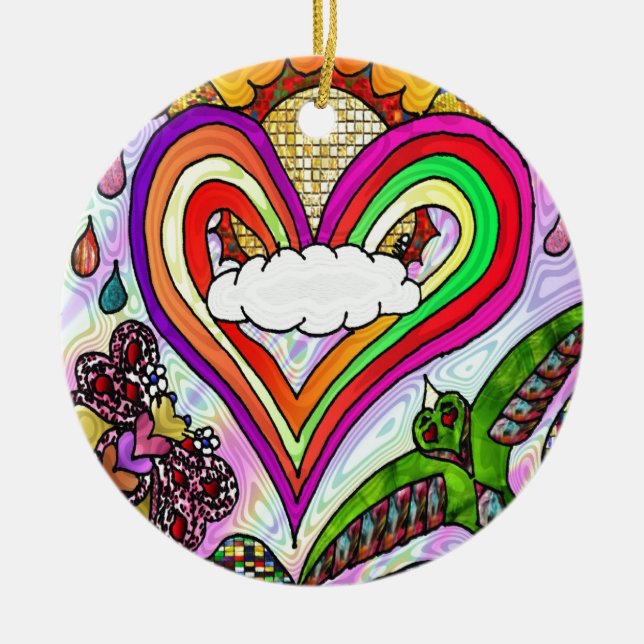 Psychedelic Rainbow Heart Art Print Ceramic Ornament (Front)