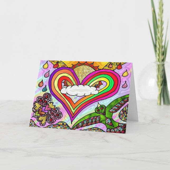 Psychedelic Rainbow Heart Art Print Holiday Card (Front)