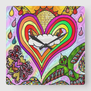 Psychedelic Rainbow Heart Art Print Square Wall Clock