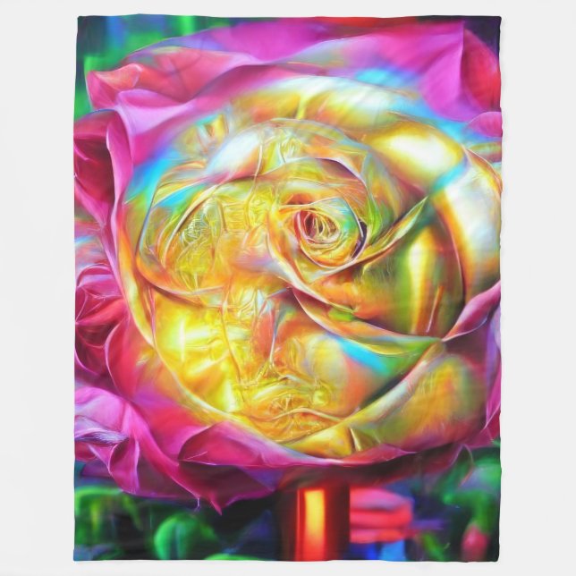 Psychedelic Rainbow Rose Fleece Blanket (Front)