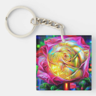 Psychedelic Rainbow Rose Keychain