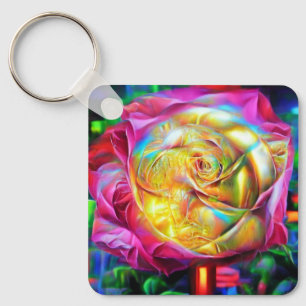 Psychedelic Rainbow Rose Keychain