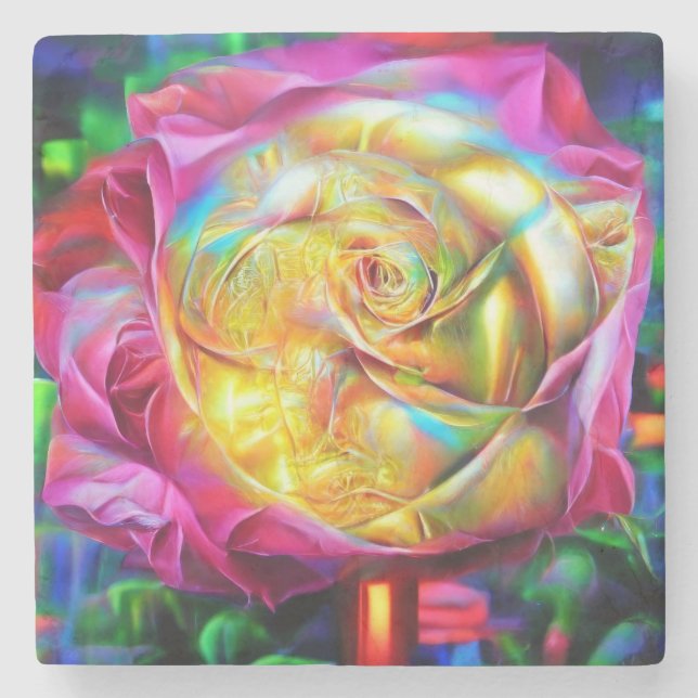 Psychedelic Rainbow Rose Stone Coaster (Front)