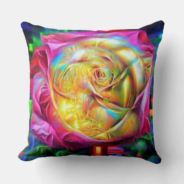 Psychedelic Rainbow Rose Throw Pillow (Front)