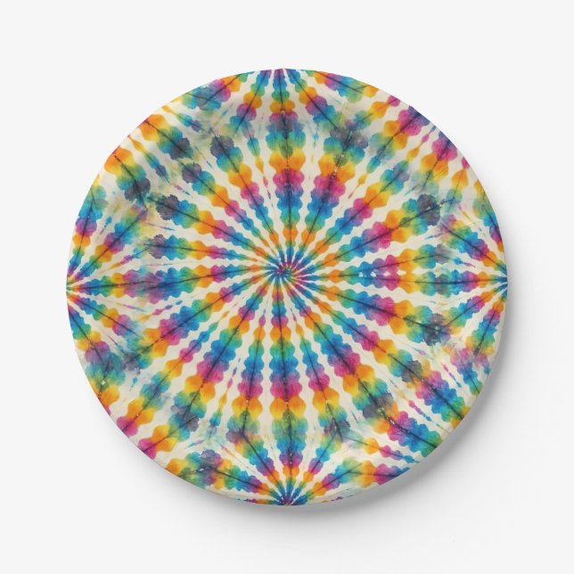 Psychedelic Rainbow Tie-Dye Retro Paper Plates (Front)