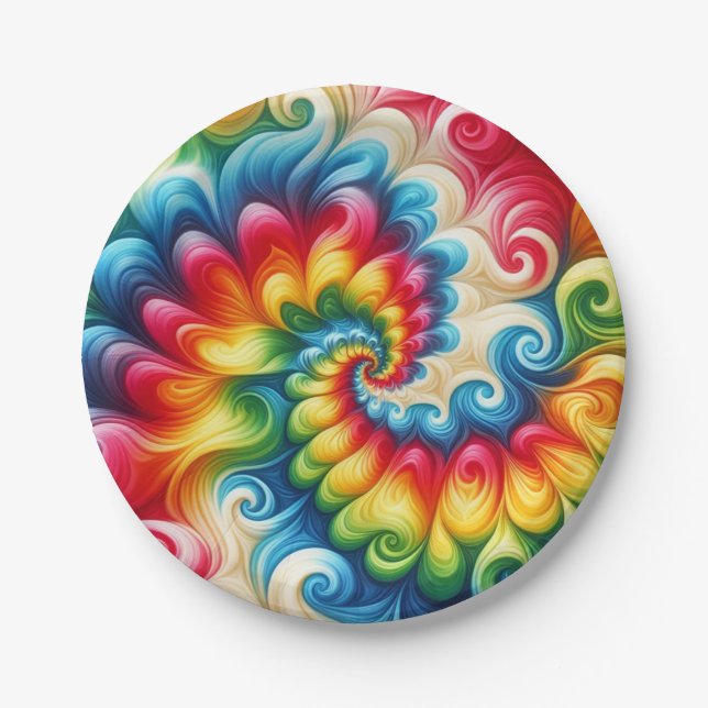 Psychedelic Rainbow Tie-Dye Retro Paper Plates (Front)