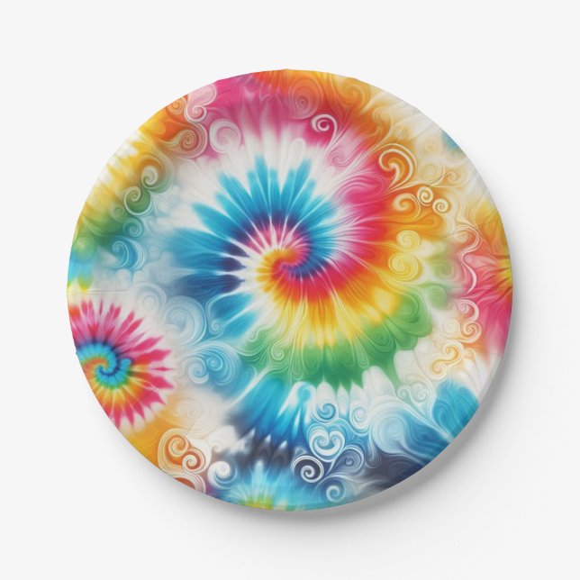 Psychedelic Rainbow Tie-Dye Retro Paper Plates (Front)