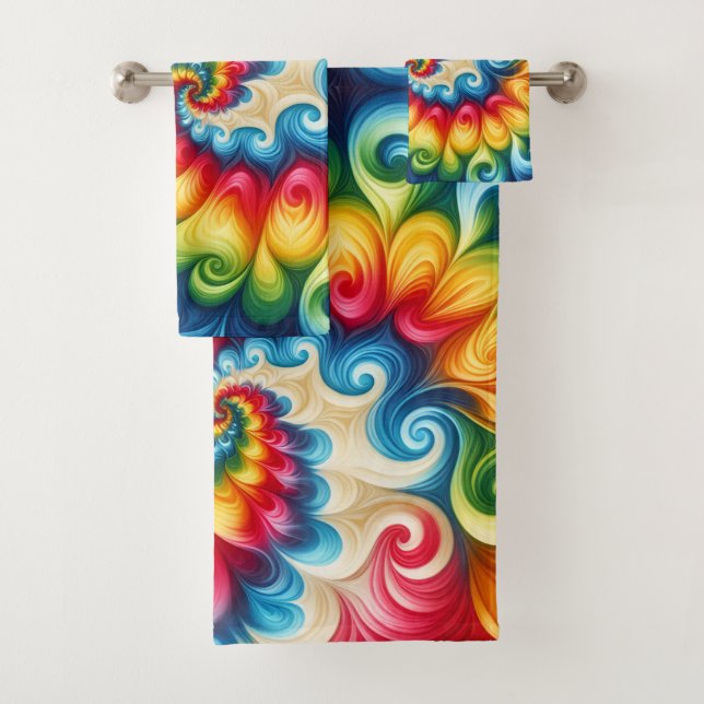 Psychedelic Rainbow Tie Dye Towel Set (Insitu)