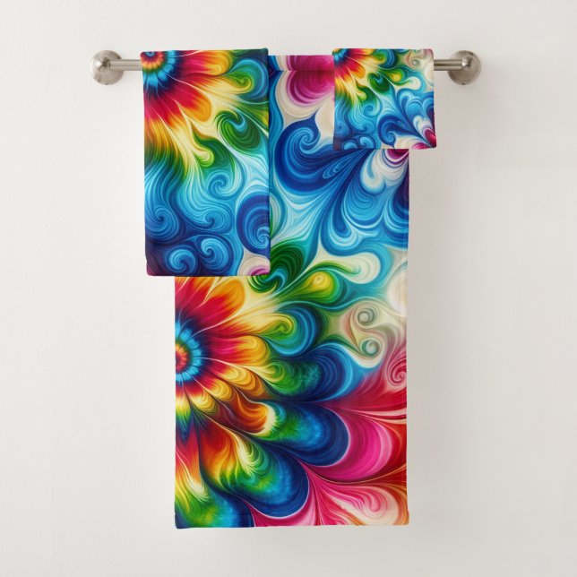 Psychedelic Rainbow Tie Dye Towel Set (Insitu)