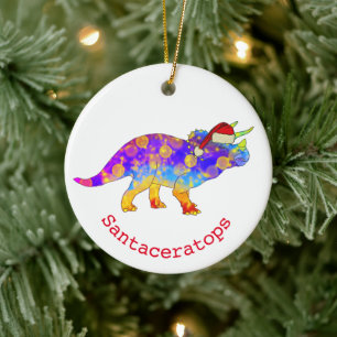 Psychedelic Rainbow Triceratops Cute Xmas Dinosaur Ceramic Ornament