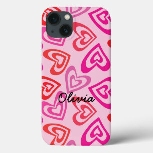 Psychedelic Red and Pink Hearts Name iPhone 13 Case