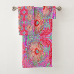 Psychedelic Retro Coral Rainbow Hibiscus Bath Towel Set