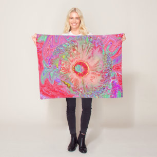Psychedelic Retro Coral Rainbow Hibiscus Fleece Blanket
