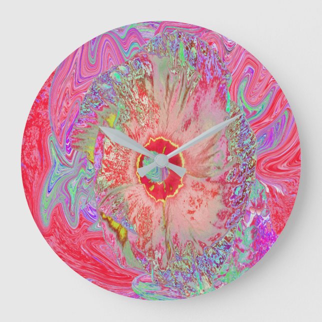 Psychedelic Retro Coral Rainbow Hibiscus Large Clock (Front)