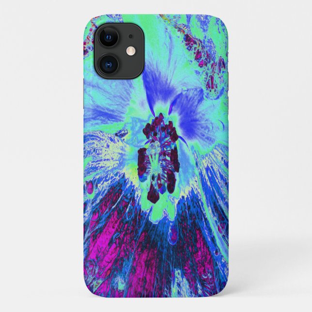 Psychedelic Retro Green and Blue Hibiscus Flower Case-Mate iPhone Case (Back)