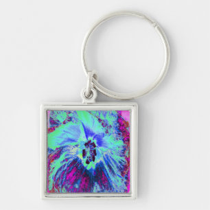 Psychedelic Retro Green and Blue Hibiscus Flower Keychain