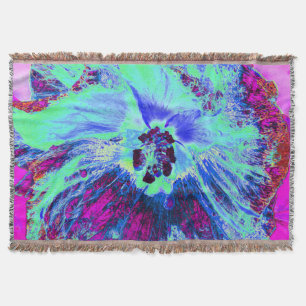 Psychedelic Retro Green and Blue Hibiscus Flower Throw Blanket