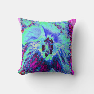 Psychedelic Retro Green and Blue Hibiscus Flower Throw Pillow