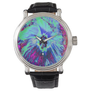 Psychedelic Retro Green and Blue Hibiscus Flower Watch