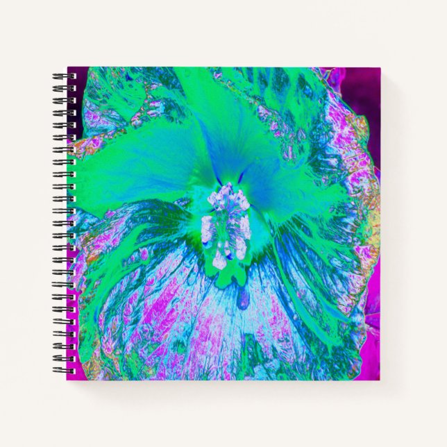 Psychedelic Retro Green and Hot Pink Hibiscus Notebook (Front)