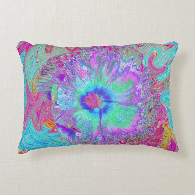 Psychedelic Retro Rainbow Blue Hibiscus Accent Pillow (Front)