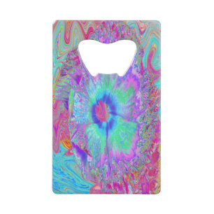 Psychedelic Retro Rainbow Blue Hibiscus Credit Card Bottle Opener