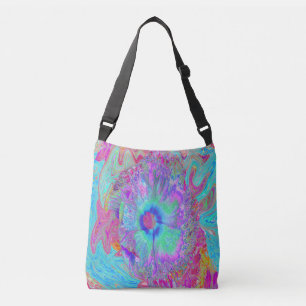 Psychedelic Retro Rainbow Blue Hibiscus Crossbody Bag