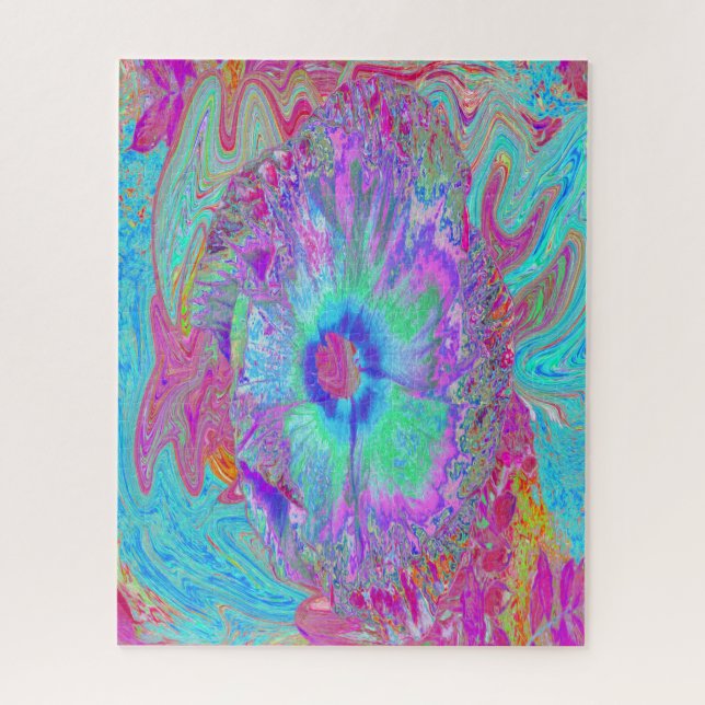 Psychedelic Retro Rainbow Blue Hibiscus Jigsaw Puzzle (Vertical)