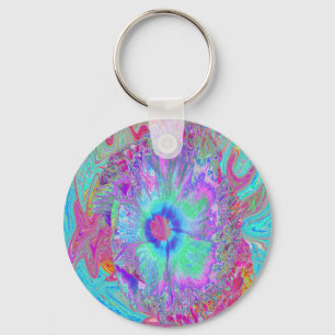 Psychedelic Retro Rainbow Blue Hibiscus Keychain