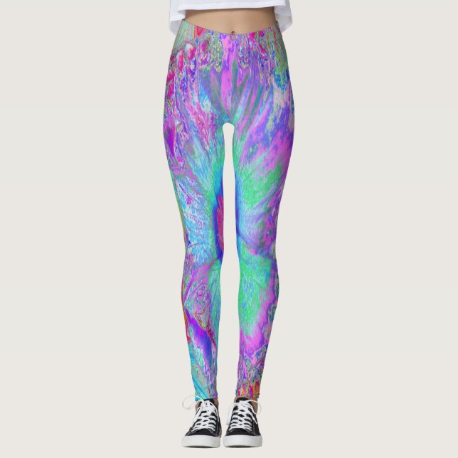 Psychedelic Retro Rainbow Blue Hibiscus Leggings (Front)