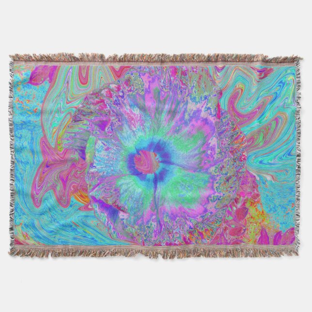 Psychedelic Retro Rainbow Blue Hibiscus Throw Blanket (Front)