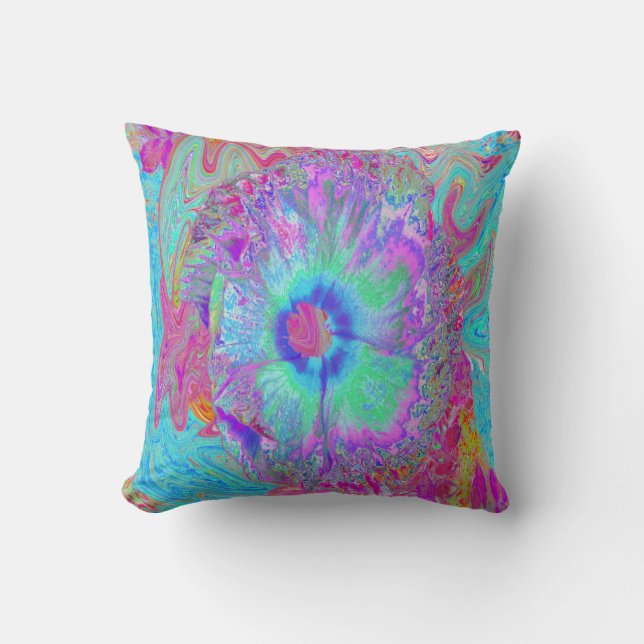 Psychedelic Retro Rainbow Blue Hibiscus Throw Pillow (Front)