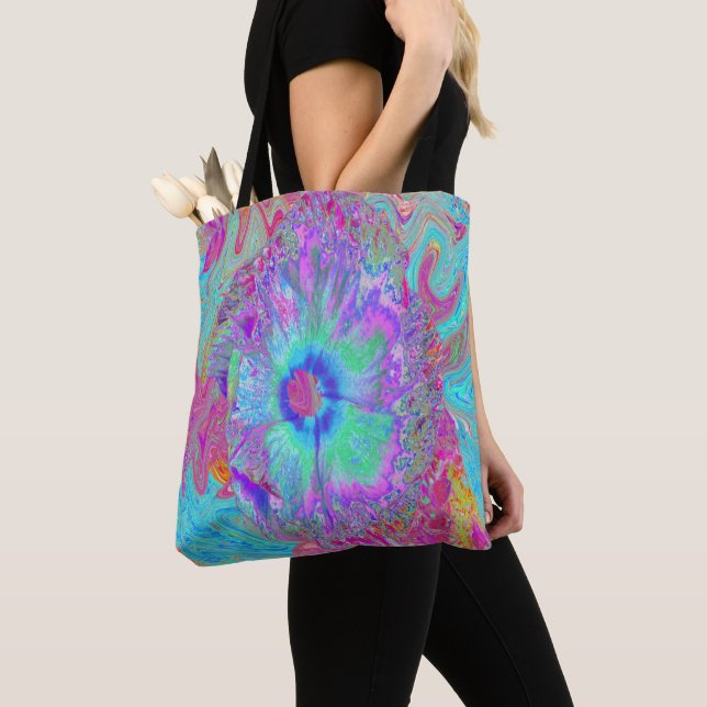 Psychedelic Retro Rainbow Blue Hibiscus Tote Bag (Close Up)