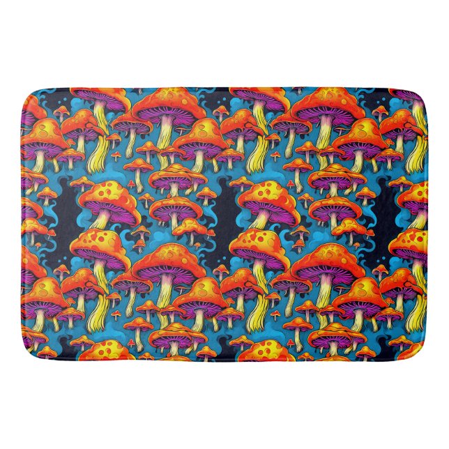 Psychedelic Retro Trippy Mushrooms Bath Mat (Front)