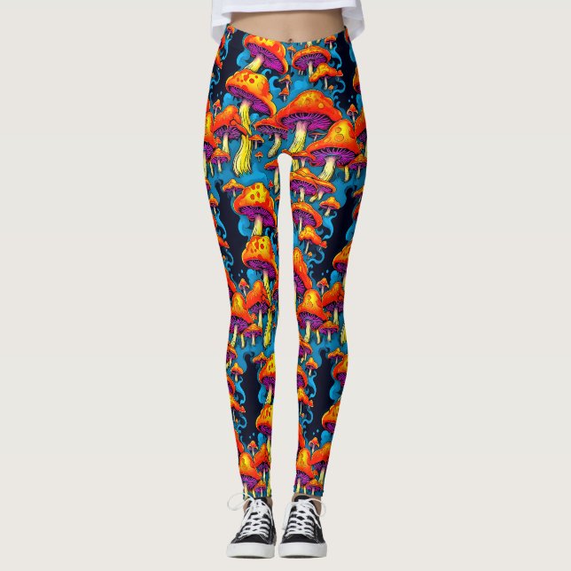 Psychedelic Retro Trippy Mushrooms Leggings (Front)