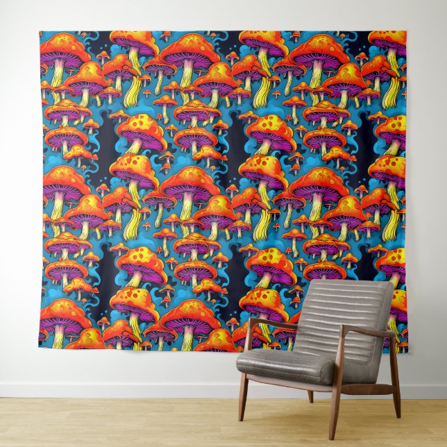 Psychedelic Retro Trippy Mushrooms Tapestry (In Situ (Horizontal))