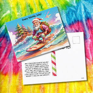 psychedelic santa surfing in the ocean holiday postcard