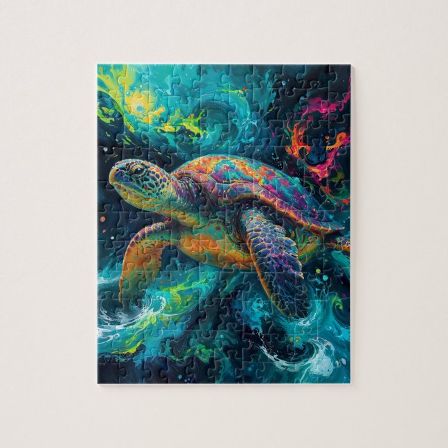 Psychedelic Sea Turtle in Abstract Ocean Jigsaw Puzzle (Vertical)