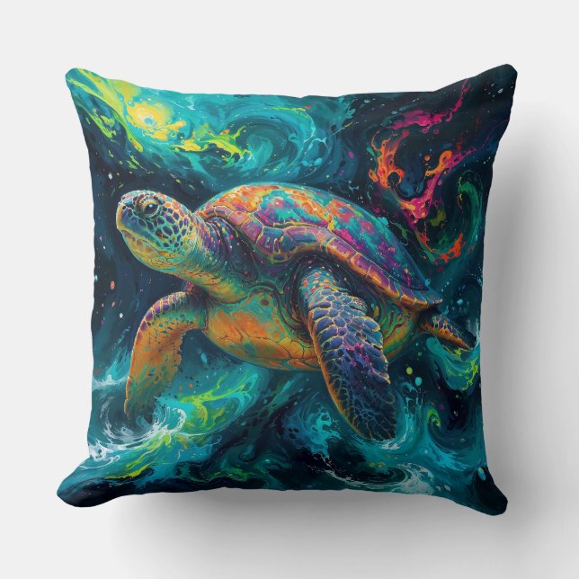 Psychedelic Sea Turtle in Abstract Ocean Throw Pillow (Front)
