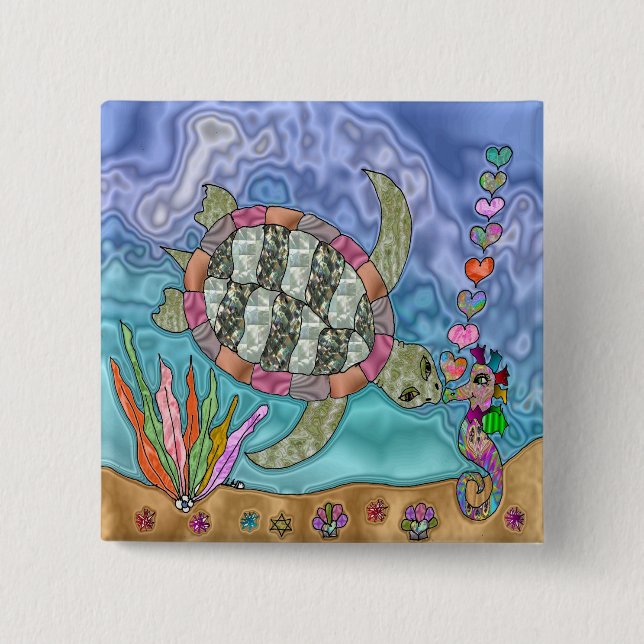 Psychedelic Sea Turtle Seahorse Art 2 Inch Square Button (Front)