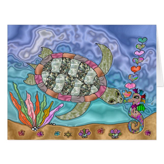 Psychedelic Sea Turtle Seahorse Art Greeting Card (Front Horizontal)