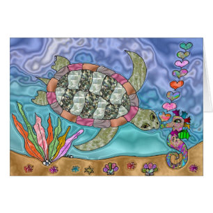 Psychedelic Sea Turtle Seahorse Art Greeting Card